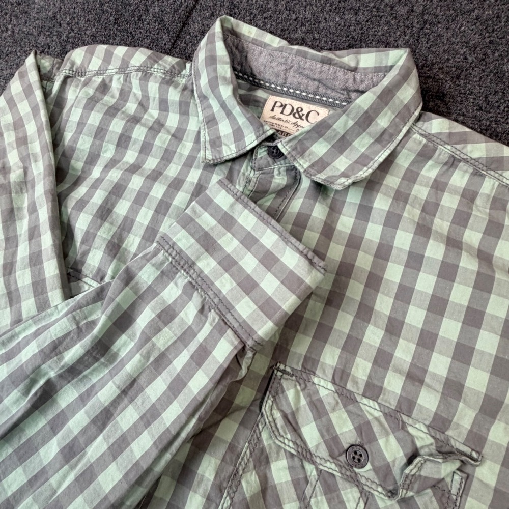 PD&C Mens Large Green Grey Gingham Check Long Sleeve Button Down Shirt